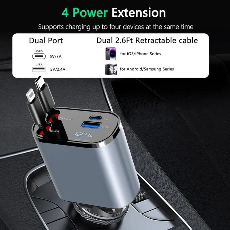 4 in 1 Fast USB C Car Charger 120W with Dual Retractable Cable Dual USB Ports, Voltage Display Car Charger