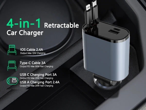 4 in 1 Fast USB C Car Charger 120W with Dual Retractable Cable Dual USB Ports, Voltage Display Car Charger