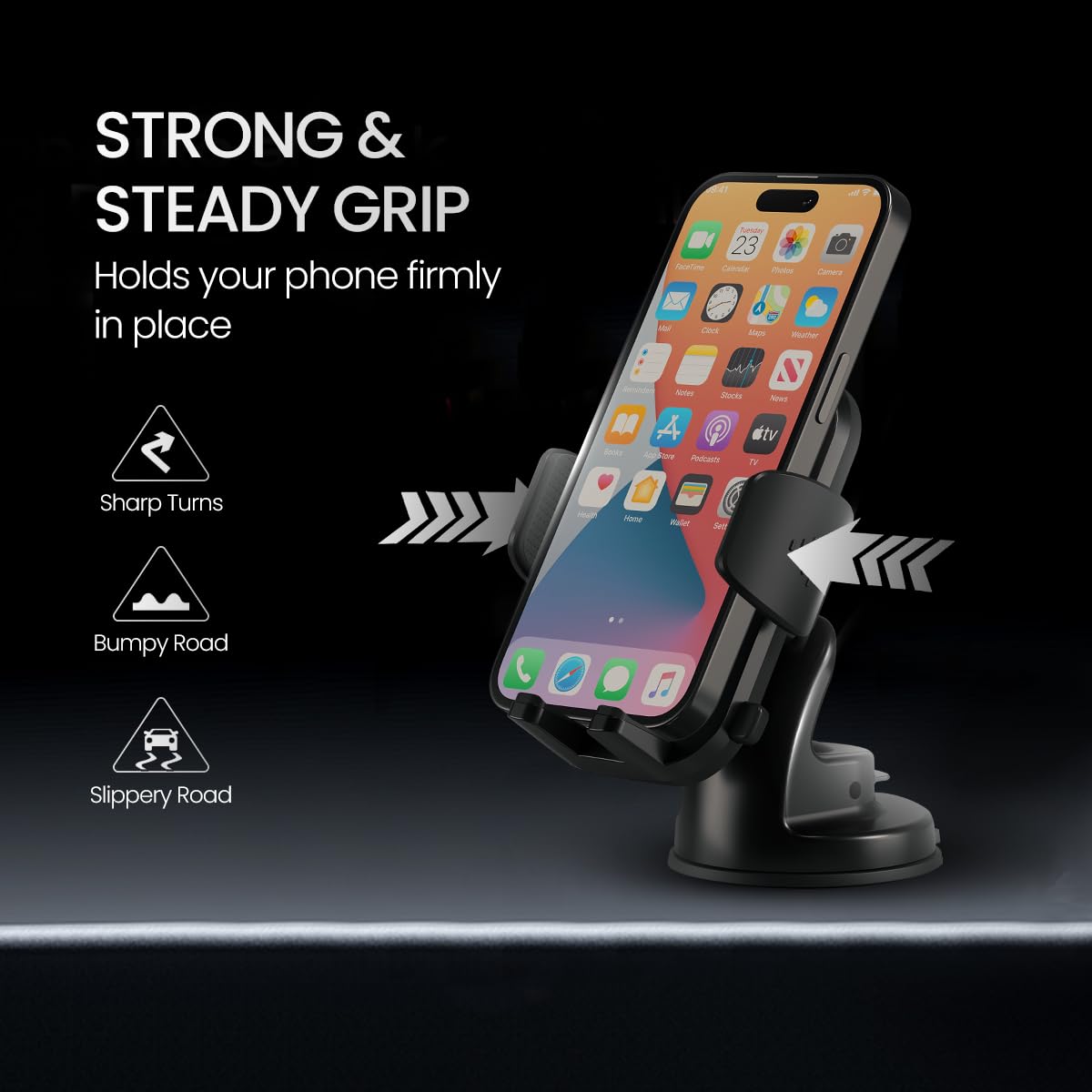 Clamp Car Phone Holder Stand with 360 Degree Rotation, Strong Grip, Suction Cup Mount, Single Hand Use, Shockproof Build, Mobile Stand for Car (Black)