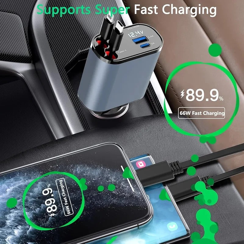 4 in 1 Fast USB C Car Charger 120W with Dual Retractable Cable Dual USB Ports, Voltage Display Car Charger