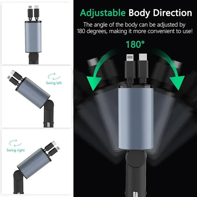 4 in 1 Fast USB C Car Charger 120W with Dual Retractable Cable Dual USB Ports, Voltage Display Car Charger
