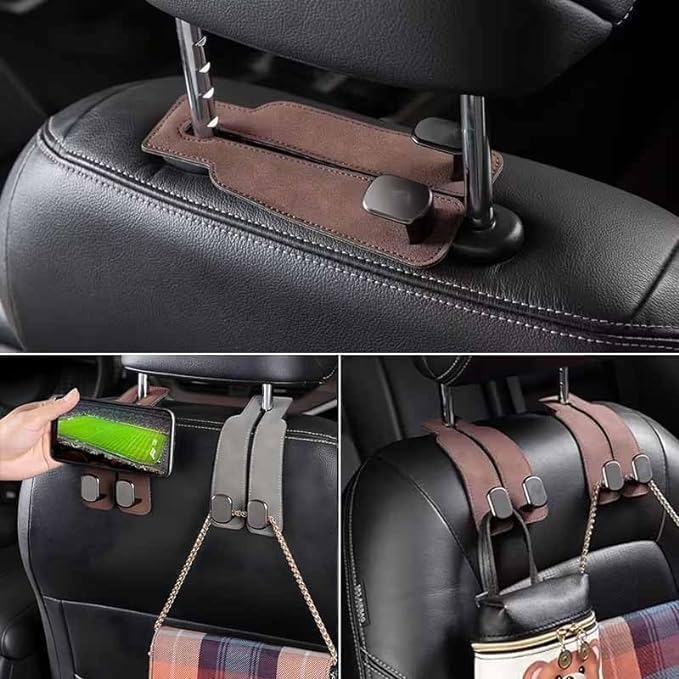 2 Pack Car Seat Headrest Double Hooks Leather Car Back Seat Headrest Hooks